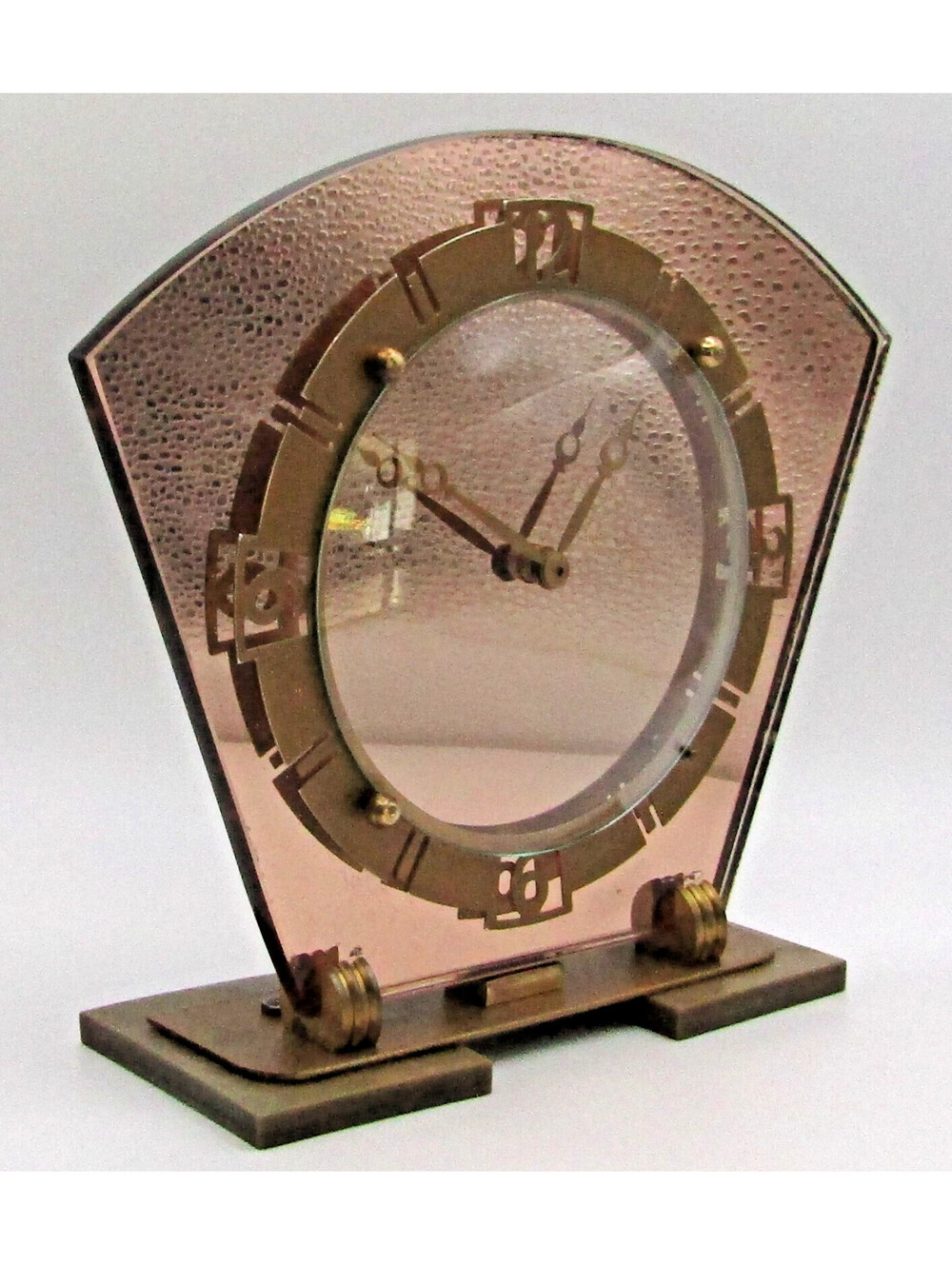Art Deco 1930s Smiths Pink Mirror Glass and Brass Table Clock